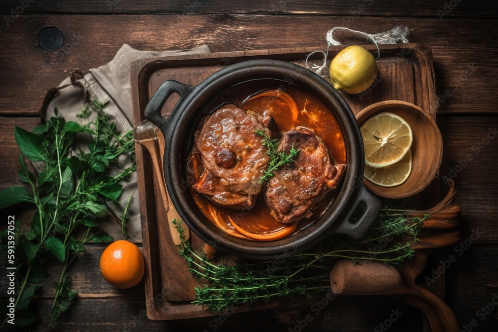  a pot of stew with meat and vegetables on a cutting board next to an orange and a lemon slice on a 