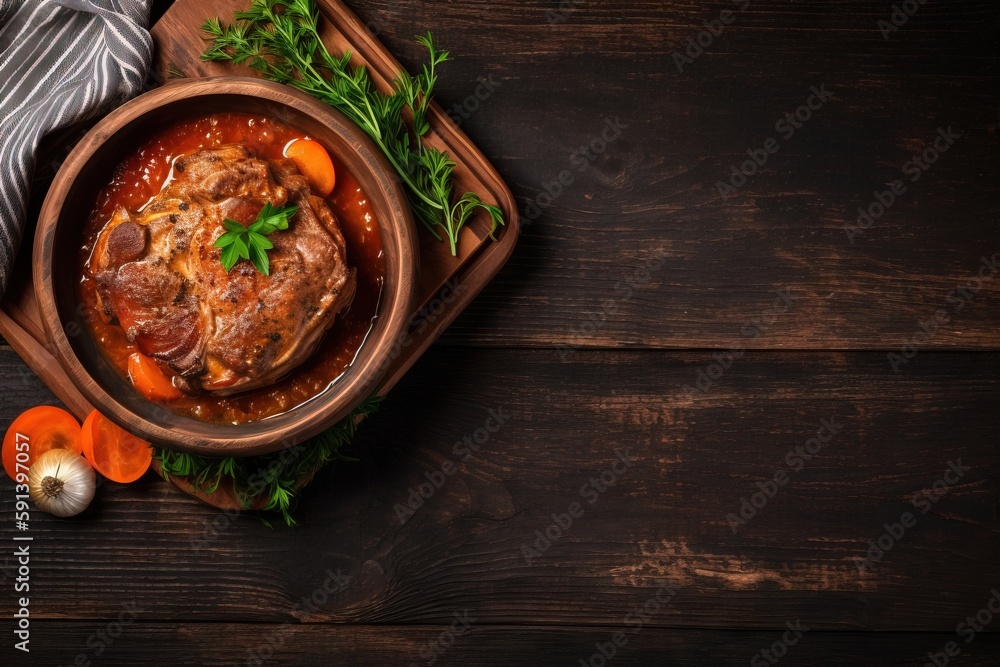  a bowl of stew with carrots and parsley on a wooden table with a striped napkin and a striped dish 