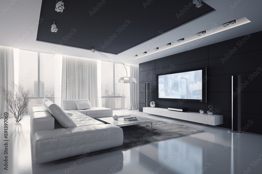  a modern living room with a large flat screen tv on the wall and a white couch in front of a large 