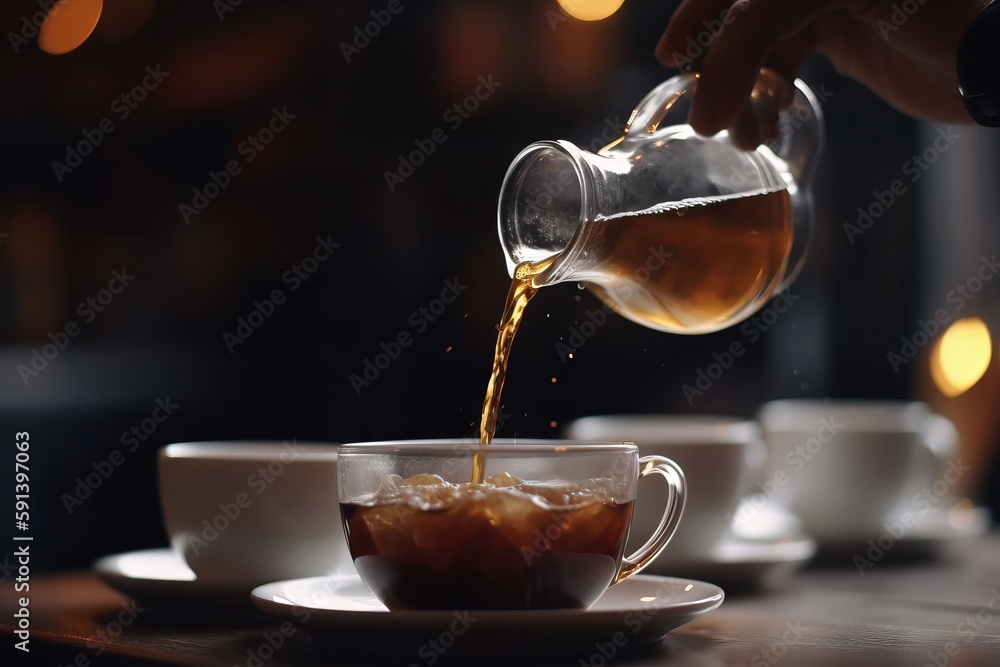  a person pours tea into a cup on a saucer on a table with cups of coffee in front of them and light