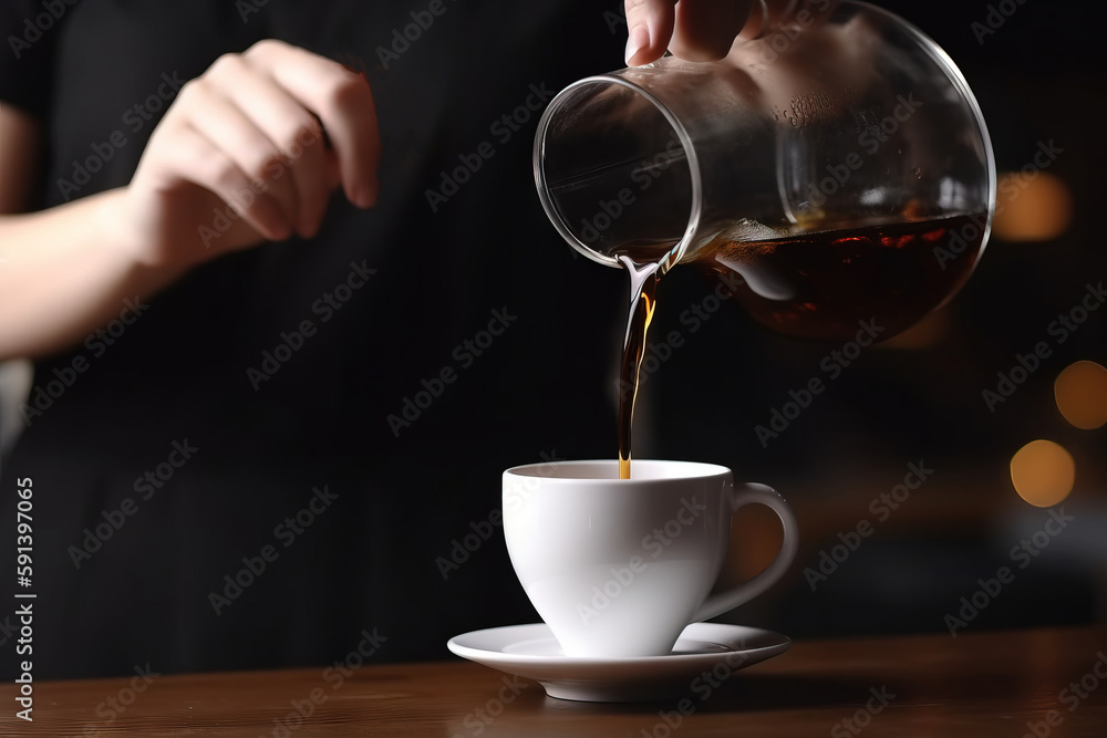  a person pours a cup of coffee into a white cup on a wooden table in front of a blurry background o