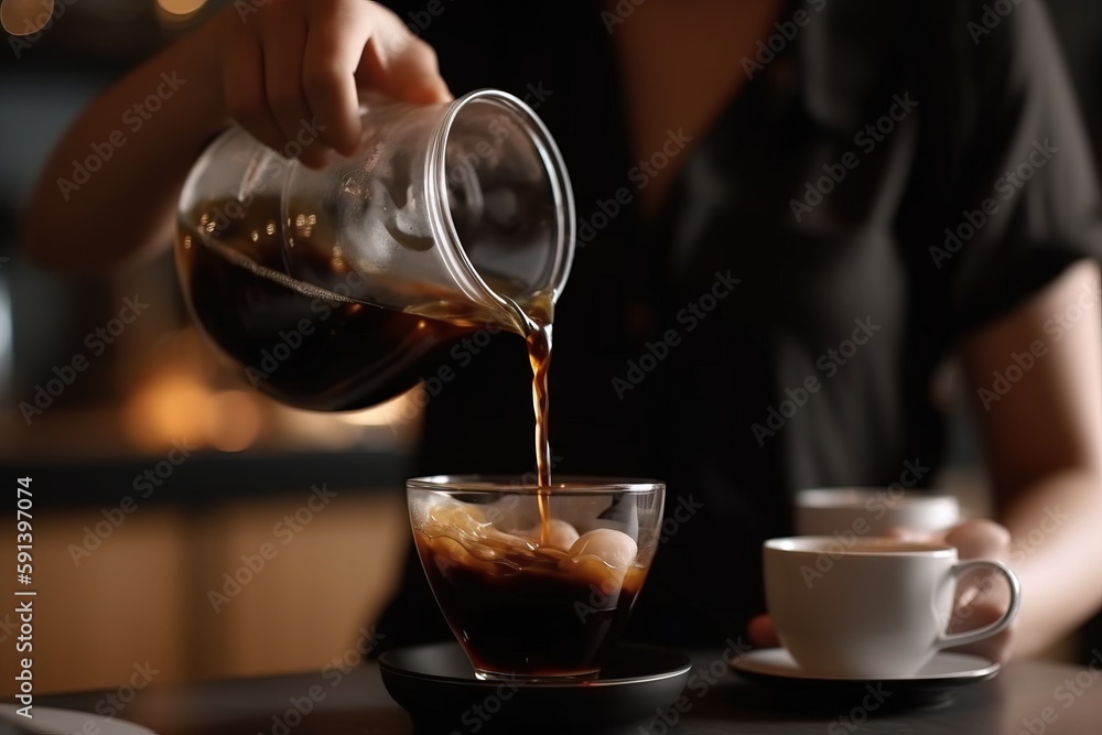  a woman pouring coffee into a cup on a table with a plate of food and a cup of coffee on the table 