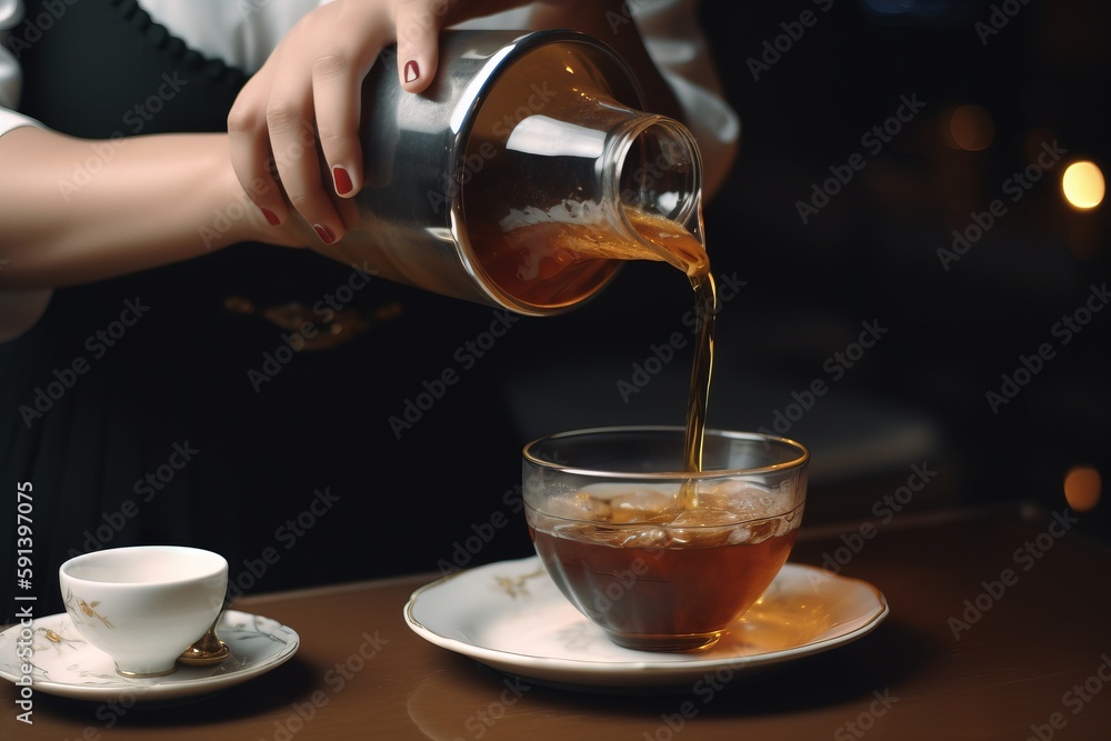  a woman pouring tea into a cup on a plate next to a cup of coffee on a saucer and saucer on a table