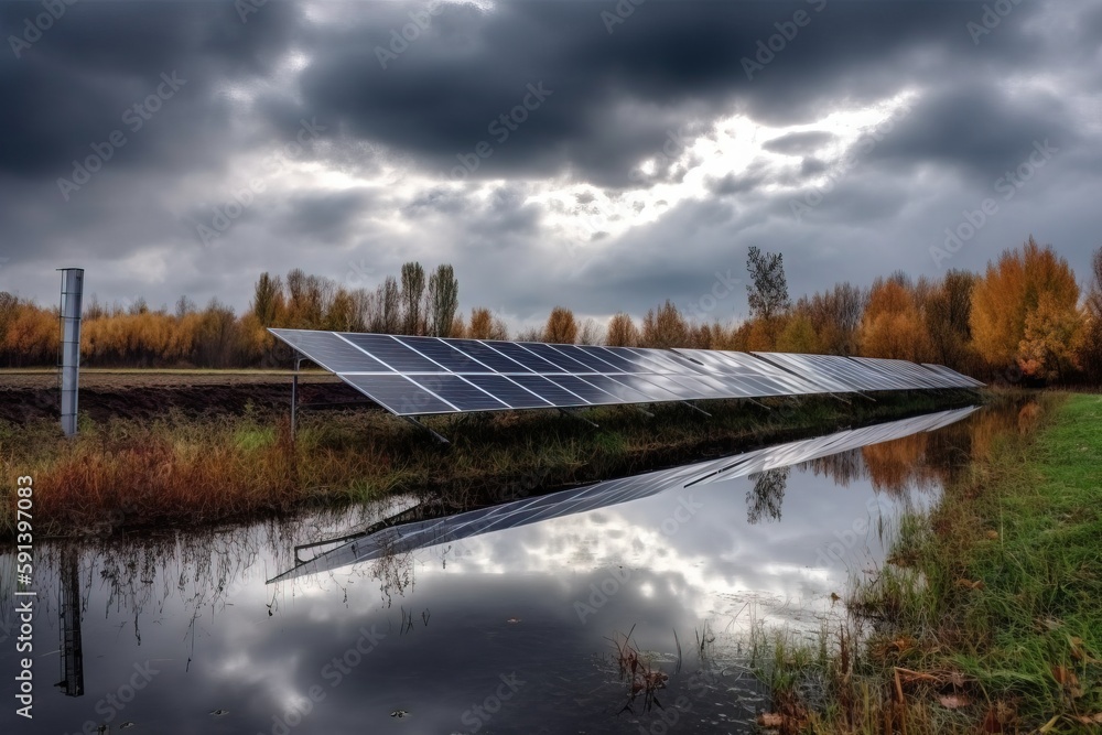  a solar panel sitting on the side of a body of water under a cloudy sky with trees in the backgroun