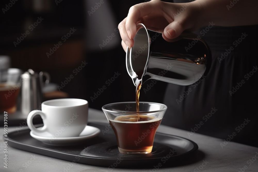  a person pouring tea into a glass cup on a tray next to a cup of tea and a cup of coffee on a sauce