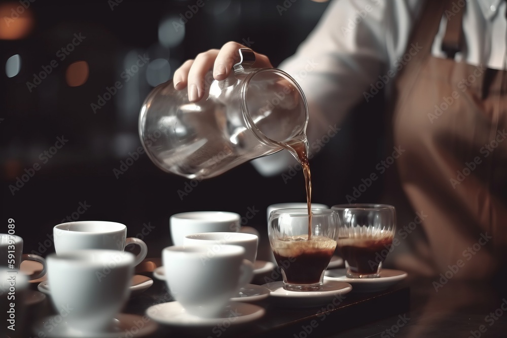  a person pours coffee into cups on a tray with saucers and saucers on the table in front of the cof