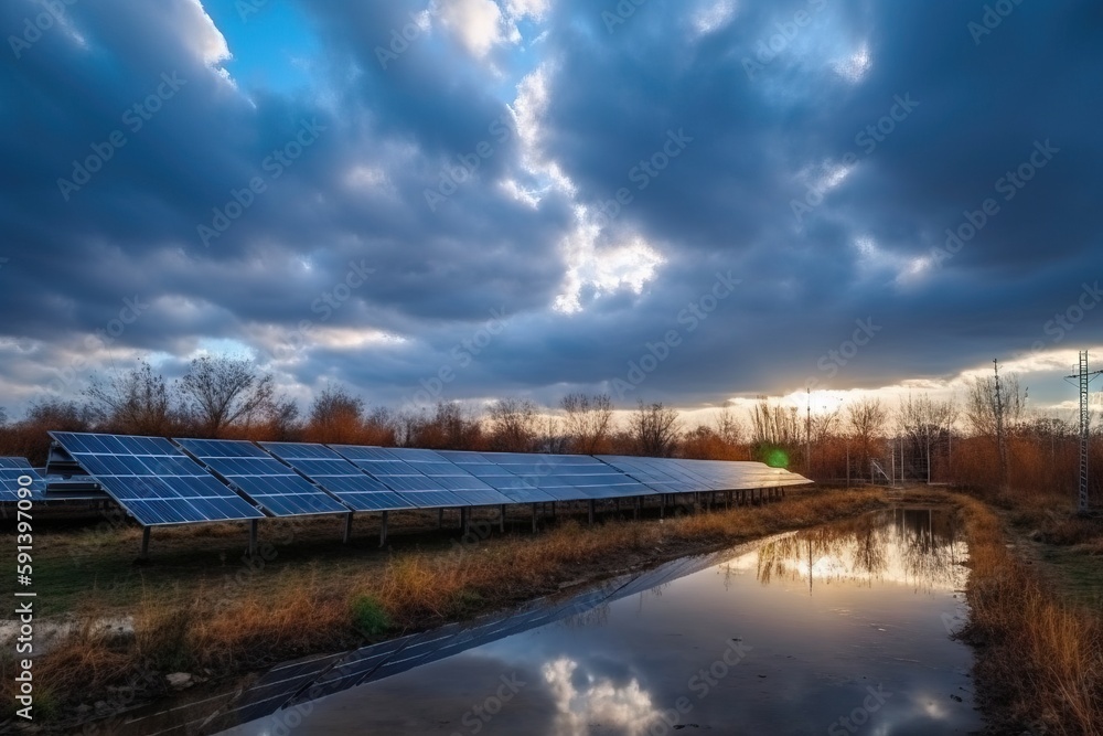  a row of solar panels sitting on top of a grass covered field next to a river under a cloudy sky wi