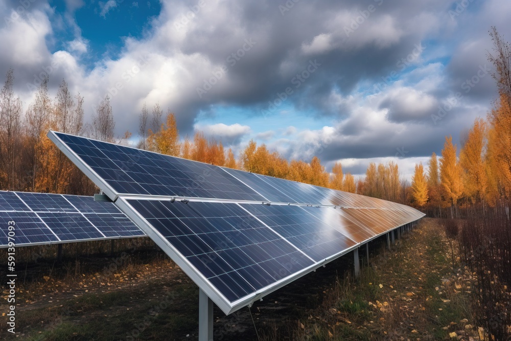  a row of solar panels sitting on top of a grass covered field next to a forest filled with yellow a