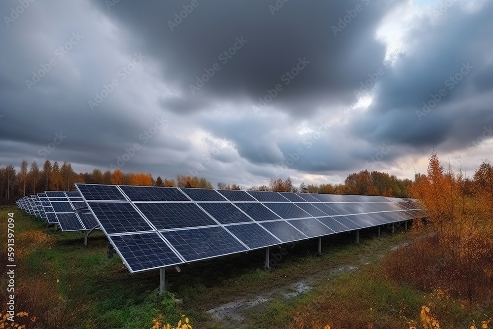  a row of solar panels sitting on top of a lush green field under a cloudy sky with trees in the bac