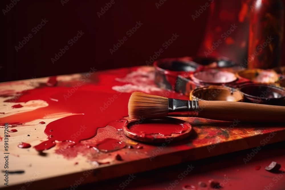  a paint palette with a paintbrush and some other paint on a table with a red background and a red v