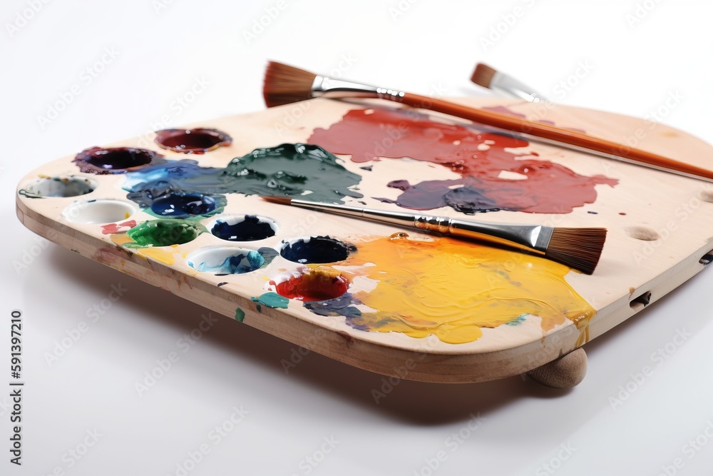  a wooden tray with paint and a brush on top of it, on a white surface, with a white surface behind 