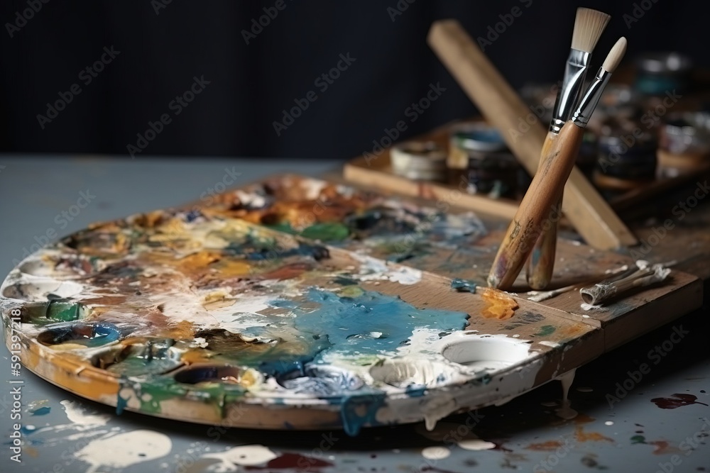  a palette with paint and brushes on a table with other paint and brushes on it and on a tray with p