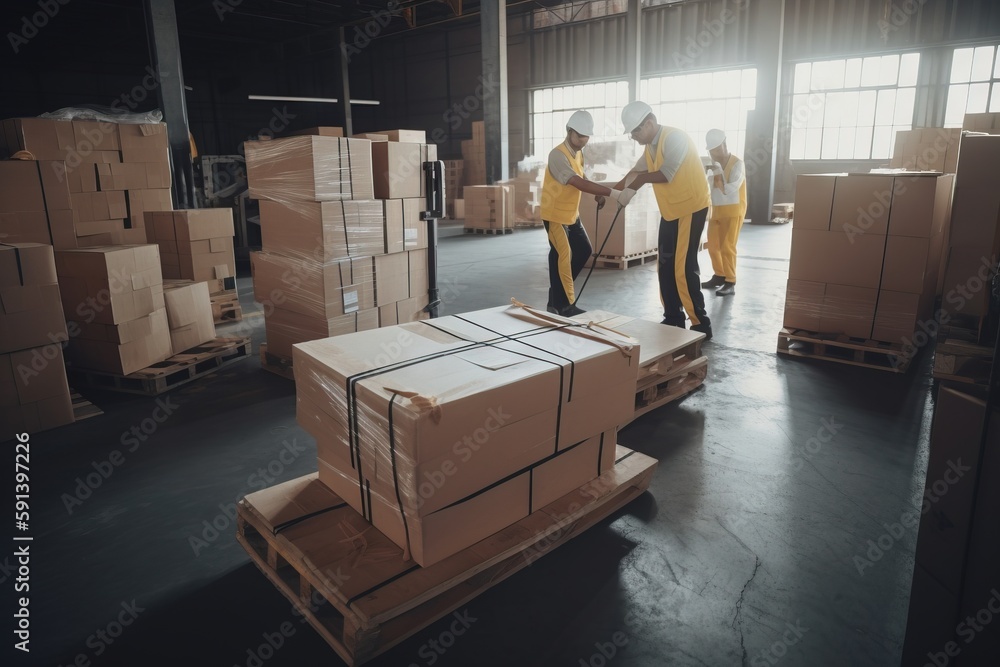  a group of workers in a warehouse loading boxes on pallets with a hand truck in the foreground of t