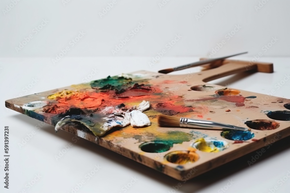  a wooden tray with paint and a brush on it with a white background and a white wall in the backgrou