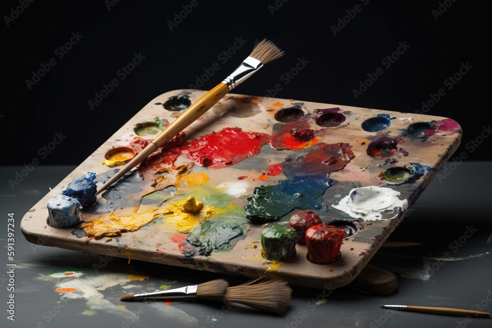  a palette with paint and a brush on a table with other paintbrushes and paintsheeves on the table a