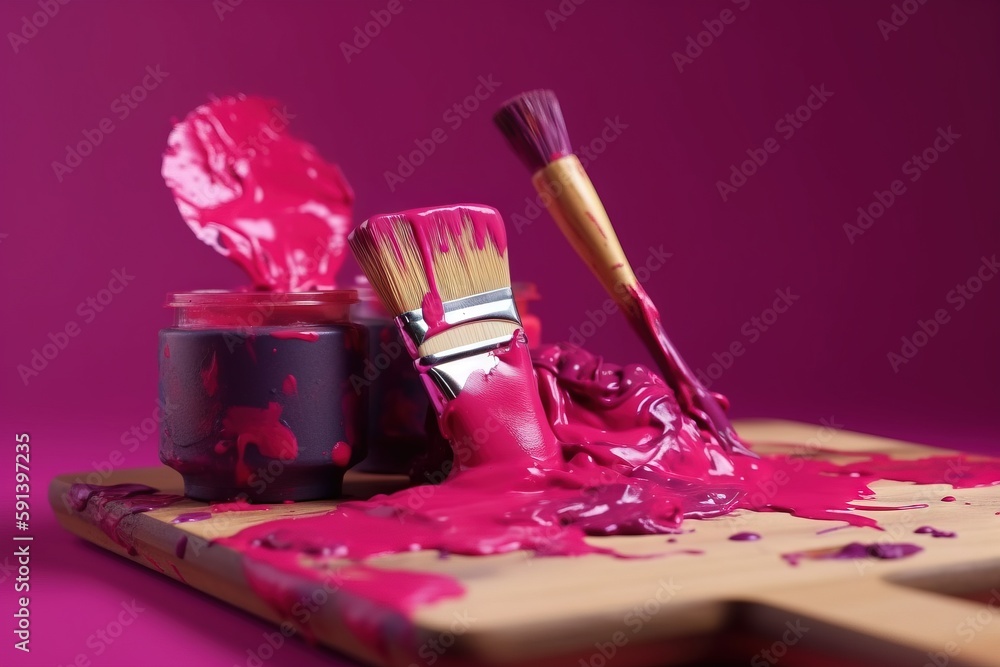  a wooden tray topped with paint and a paintbrush next to a container of pink and purple paint on a 