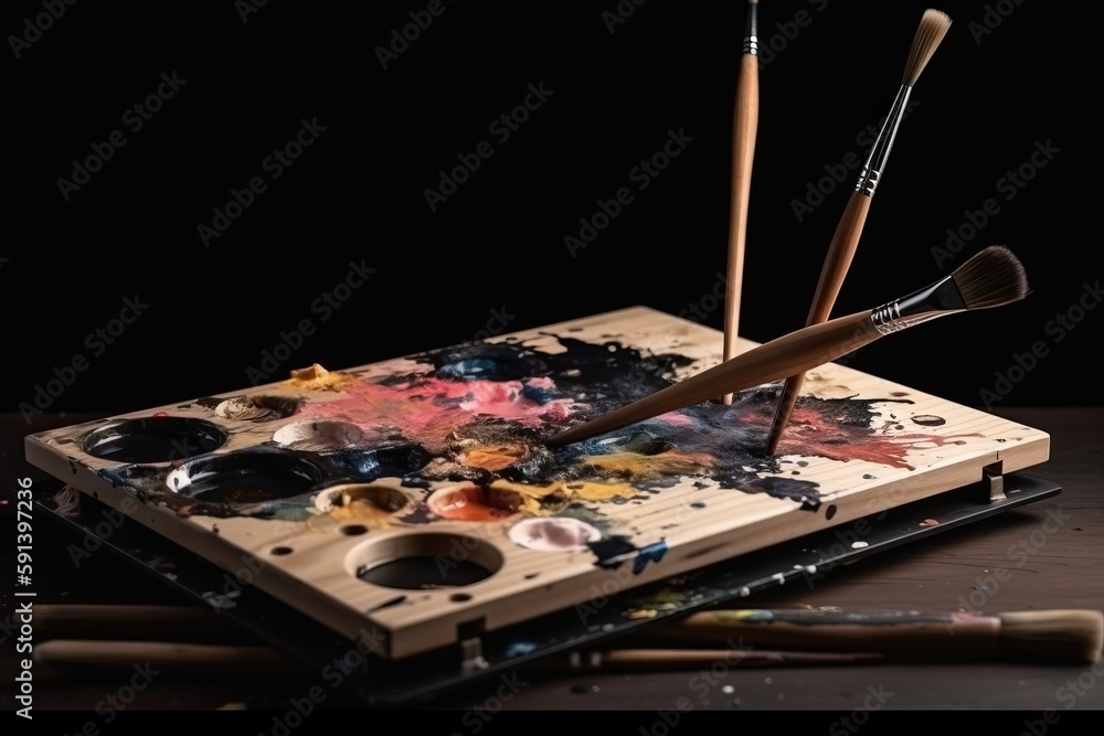  a wooden tray with paint and brushes on top of a wooden table next to a pair of scissors and a pain