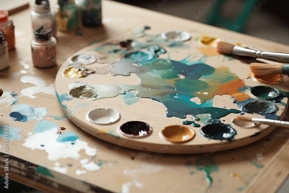  a palette of paint sitting on top of a wooden table next to other paints and brushes on a wooden ta