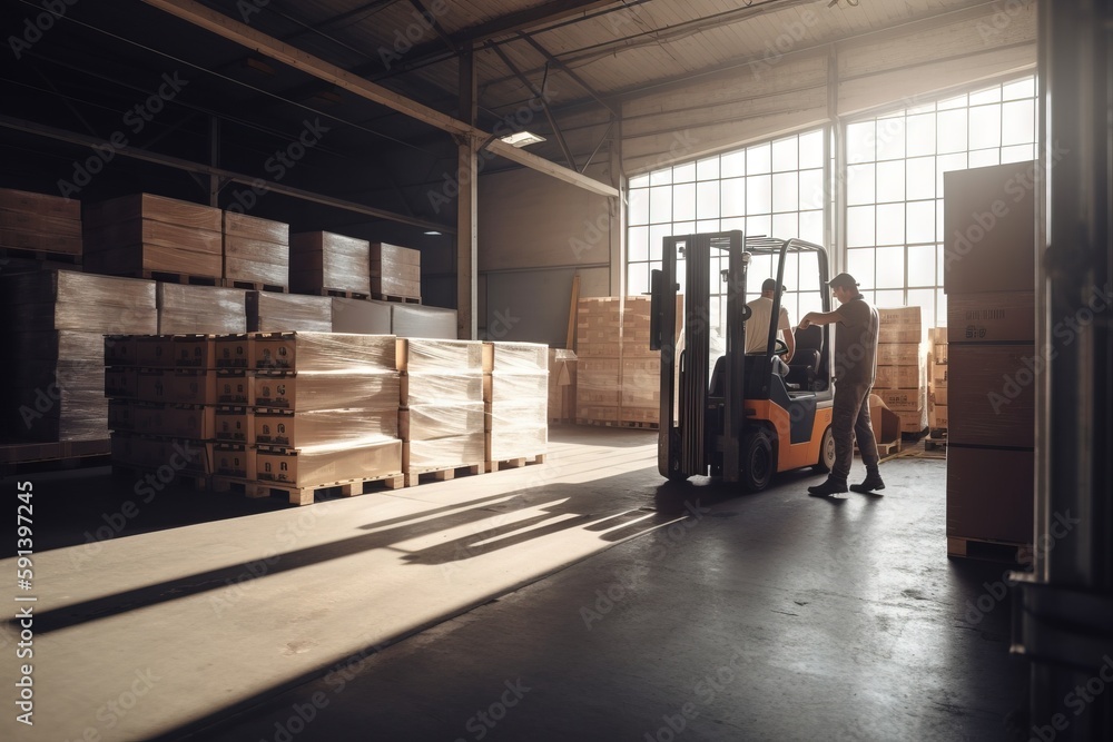  two men standing next to a forklift in a warehouse filled with pallets of wood and crates of boxes 