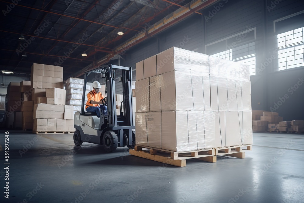  a man driving a forklift in a warehouse with boxes on the floor and a pallet on the ground in front