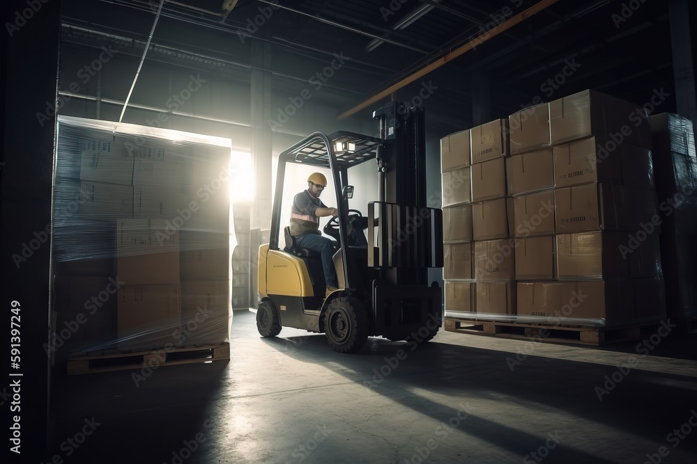  a man driving a forklift in a warehouse with boxes on the floor and a light shining on the back of 