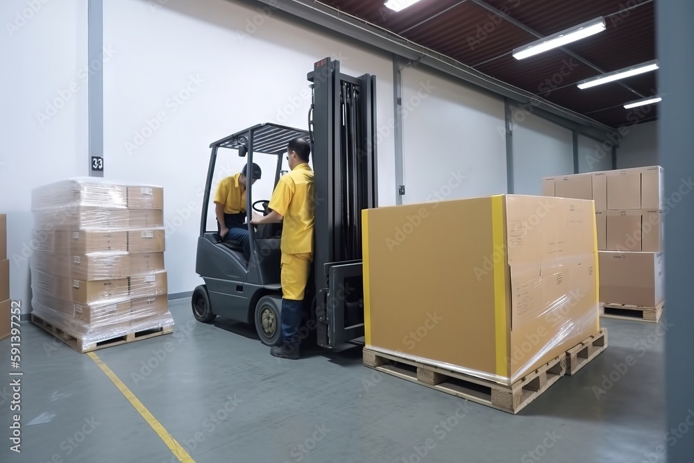  two men in yellow shirts are in a warehouse with a forklift and boxes on the floor and a pallet on 