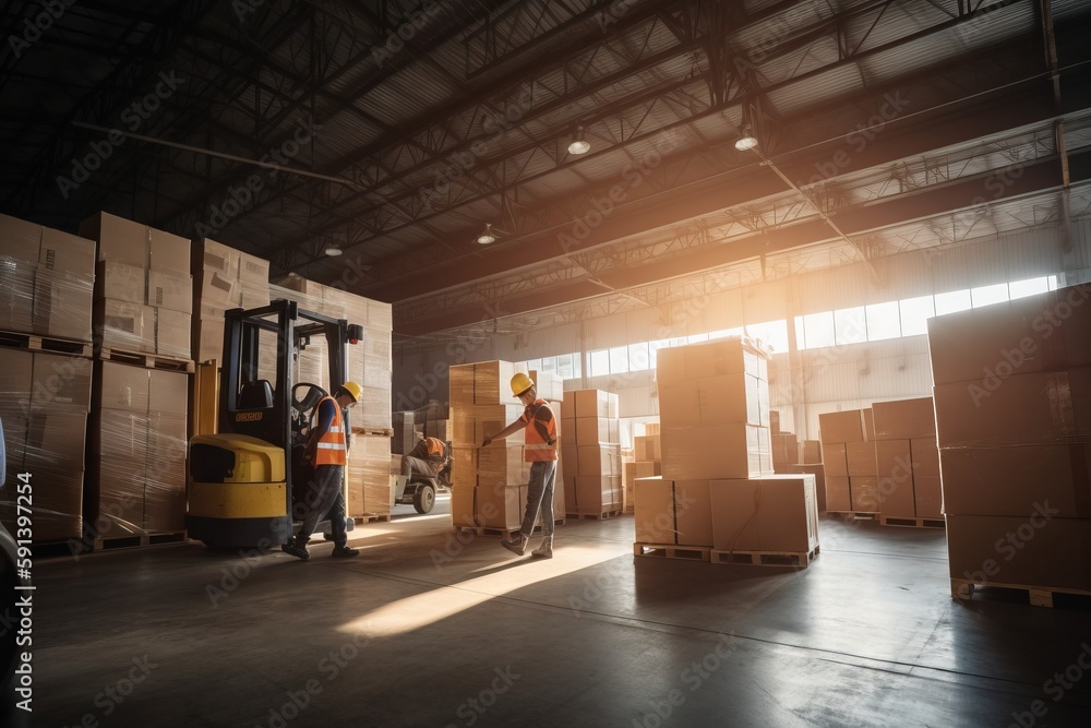  two men in orange vests standing next to a forklift in a warehouse with boxes on the floor and boxe