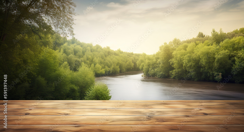 Wood table mockup with river in forest on background. Empty copy space for product presentation. Gen