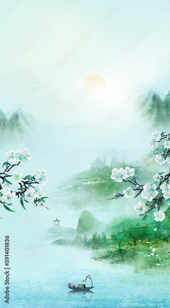 Chinese style artistic conception watercolor landscape painting background