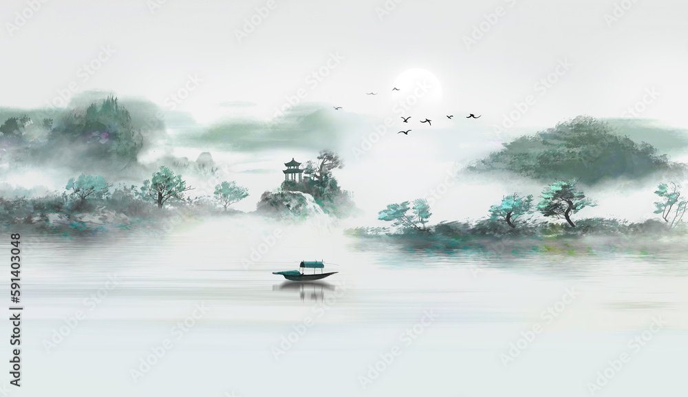 Chinese style artistic conception watercolor landscape painting background