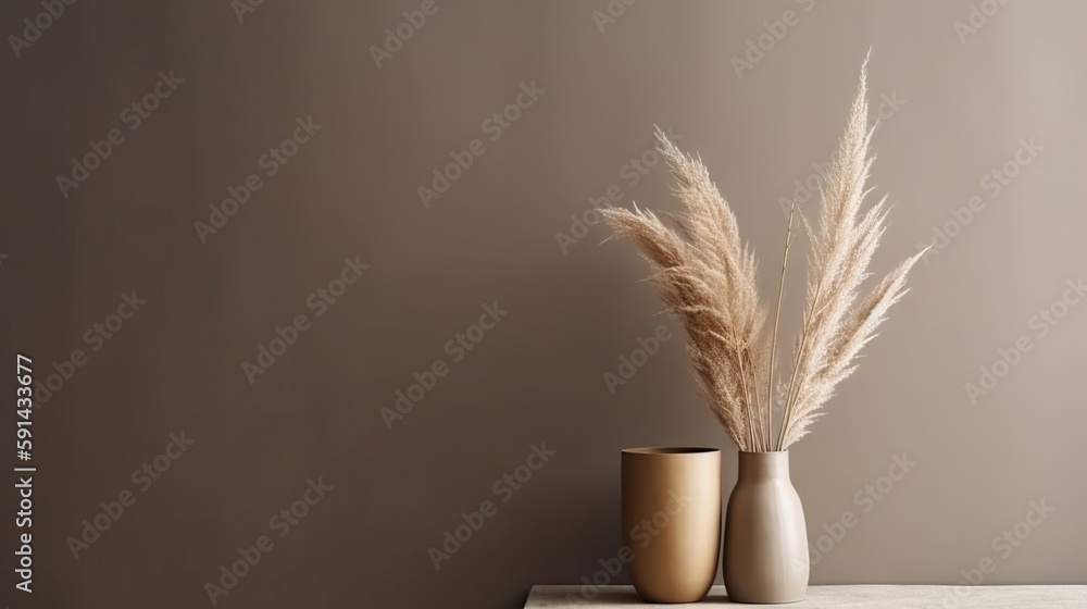 Vase with decorative plant branch against gray wall background. Minimalist interior mockup. Generati