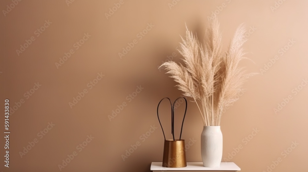 Vase with decorative dry plant branch against beige wall background. Minimalist interior mockup. Gen