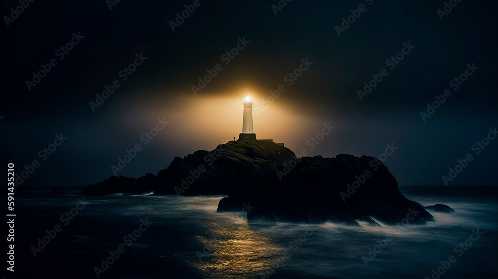 Lighthouse on a cliff edge in stormy and misty weather. Night landscape. Generative AI