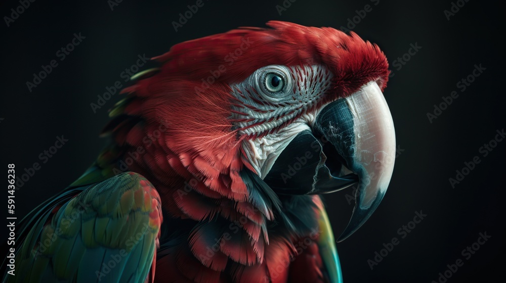 Profile portrait of green-winged macaw parrot. Generative AI