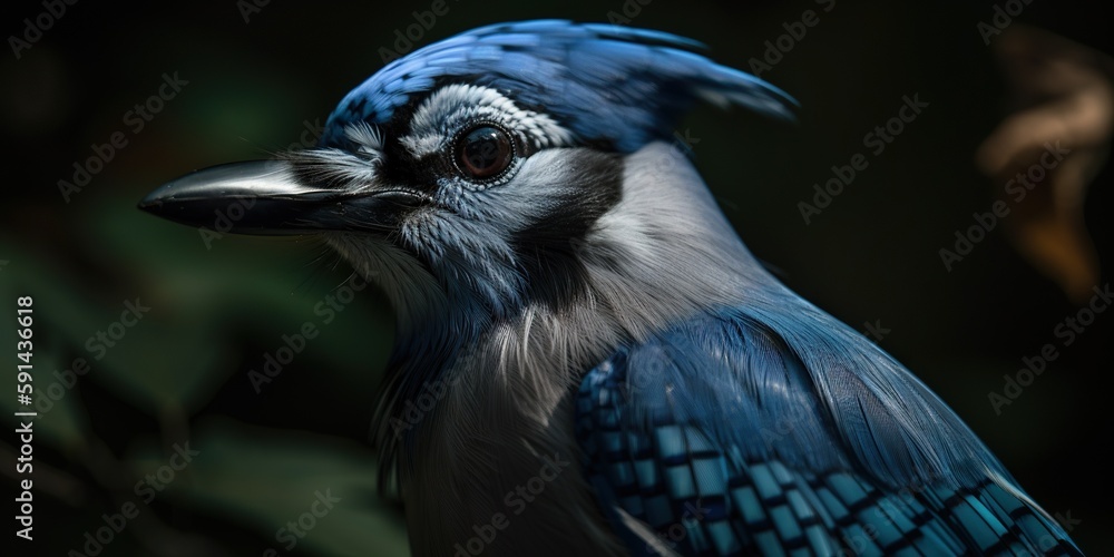 Blue Jay bird closeup with forest background. Generative AI