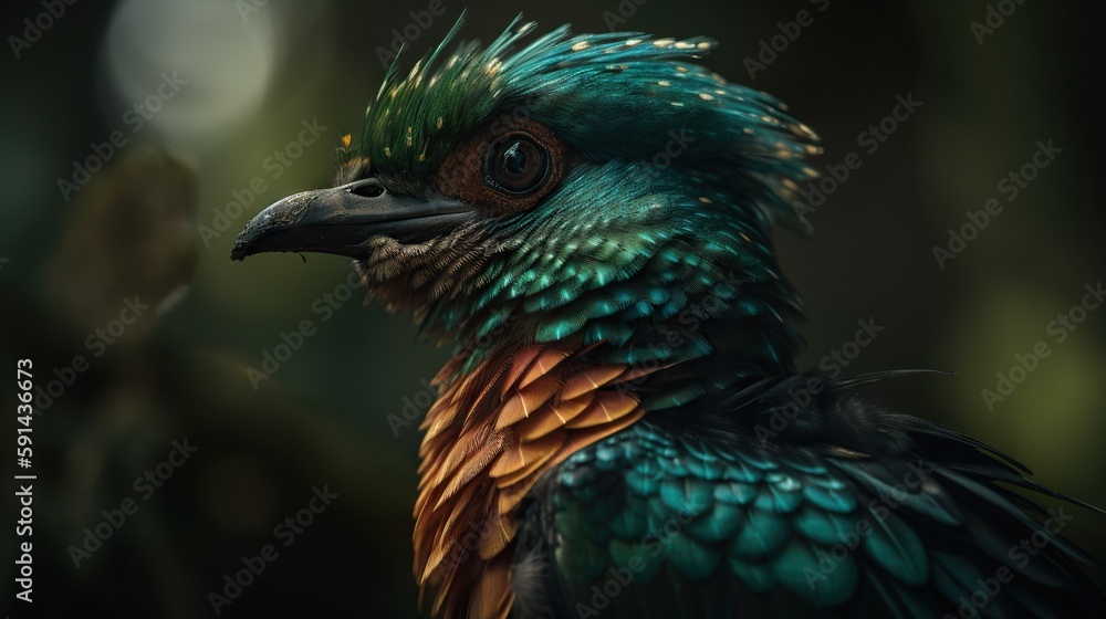 Female Quetzal bird with forest background. Generative AI