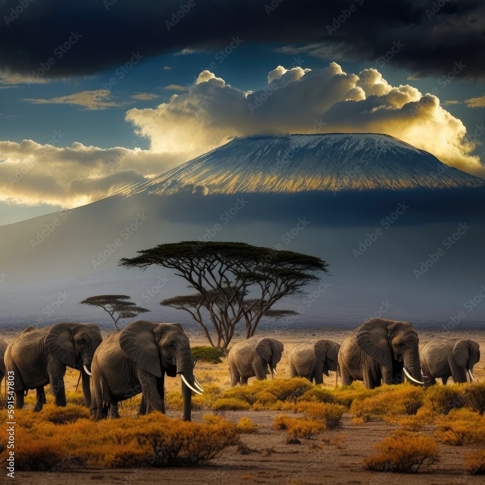 A herd of elephants grazing at the foot of Mount Kilimanjaro, with a dramatic sky. created with Gene