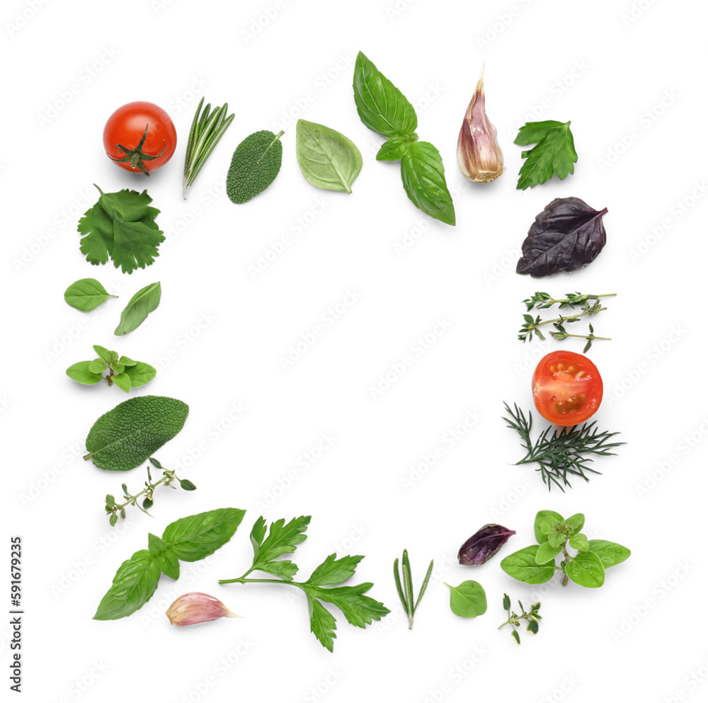 Frame made of fresh herbs, garlic and tomatoes on white background