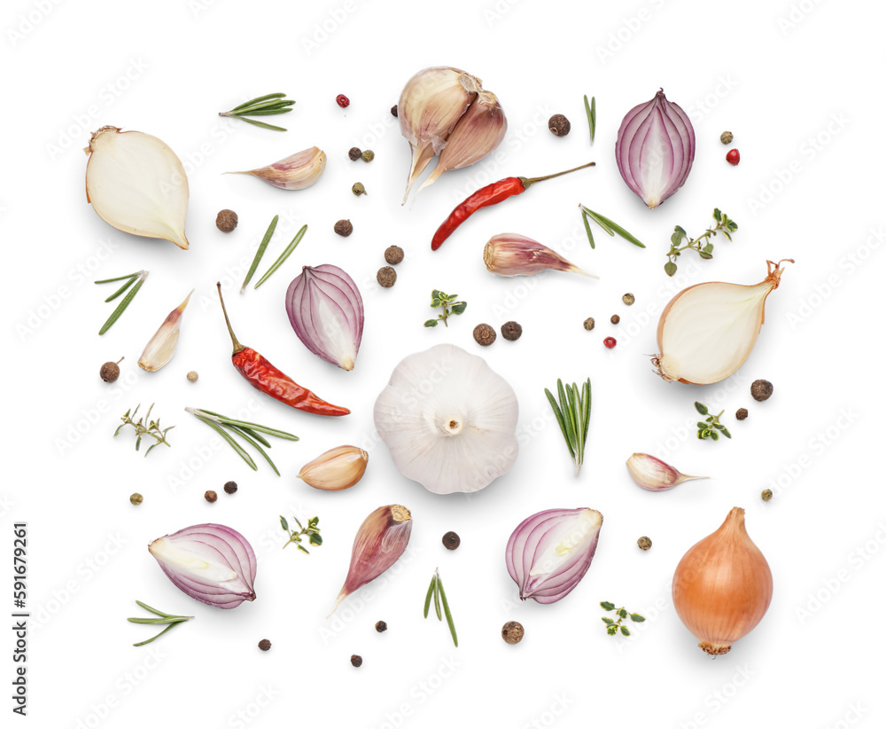 Composition with aromatic spices and onion on white background