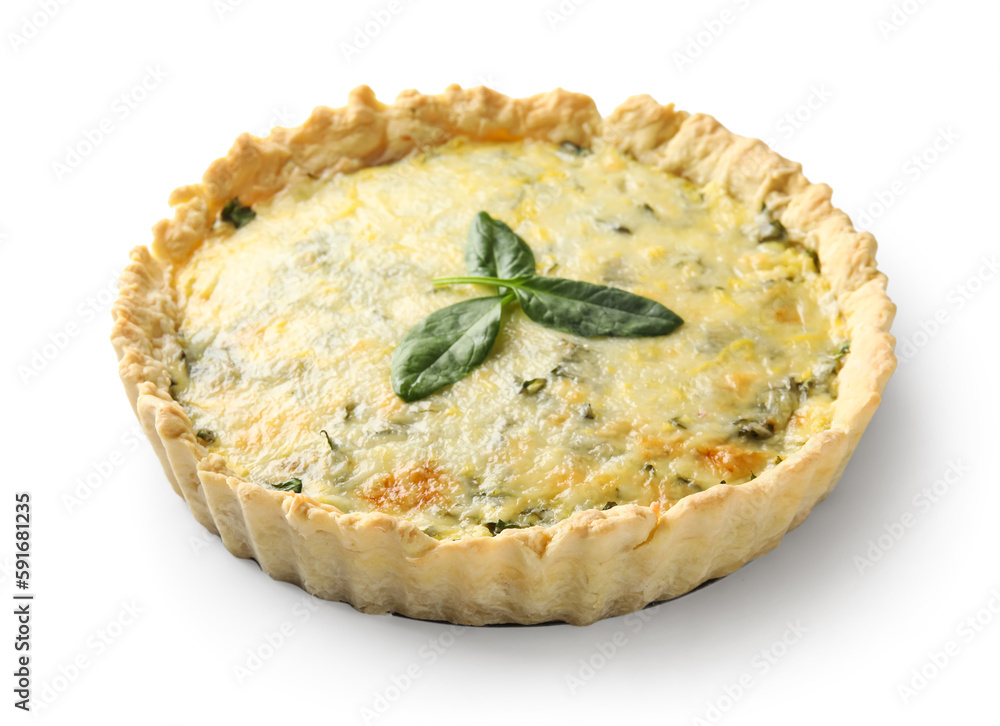 Delicious quiche with spinach leaves isolated on white background