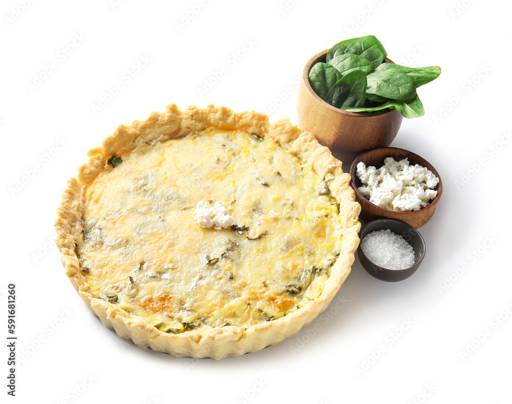 Delicious quiche, spinach, salt and cottage cheese isolated on white background