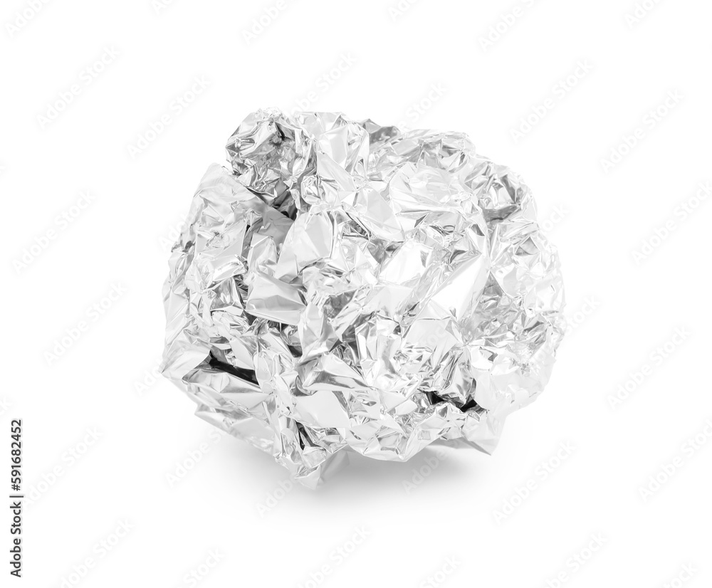 Crumpled ball of aluminium foil isolated on white background