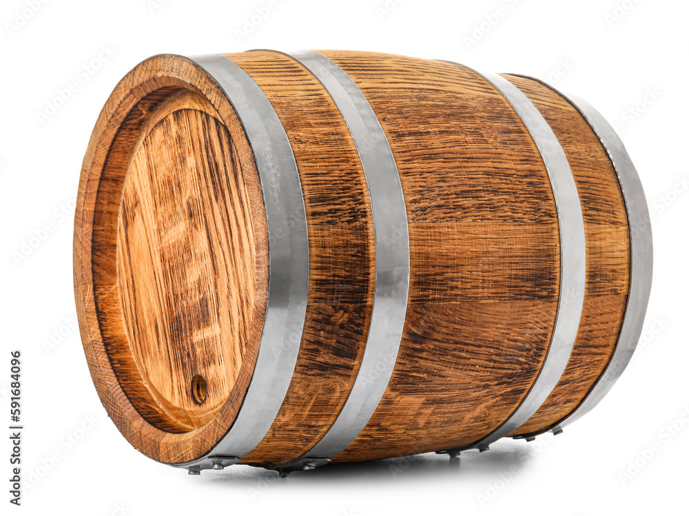 Oak barrel with metal hoops isolated on white background