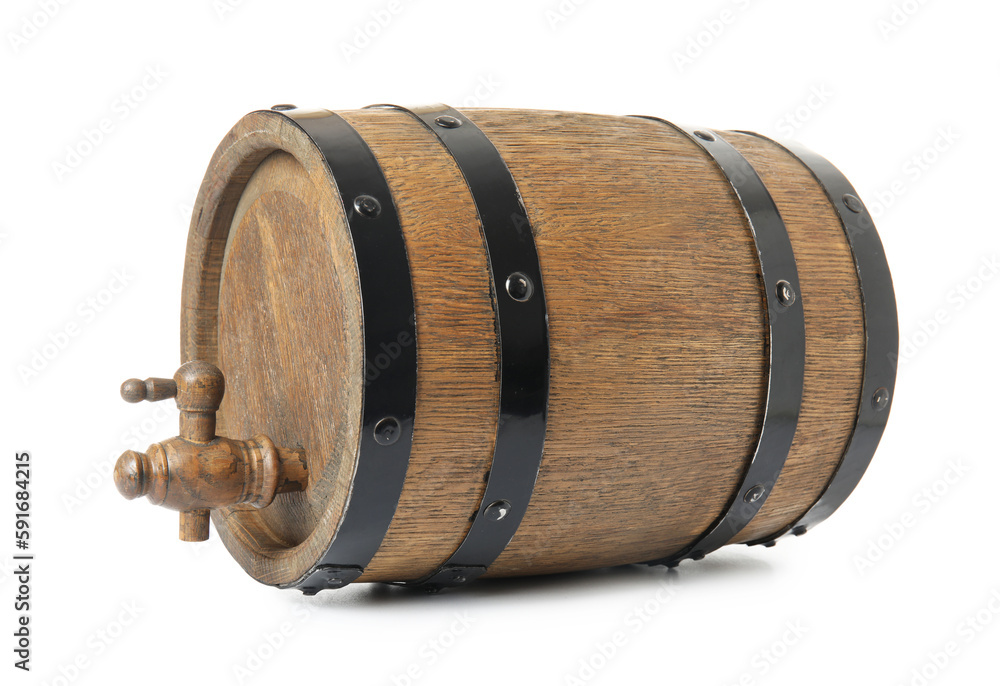 Oak barrel with metal hoops and tap isolated on white background