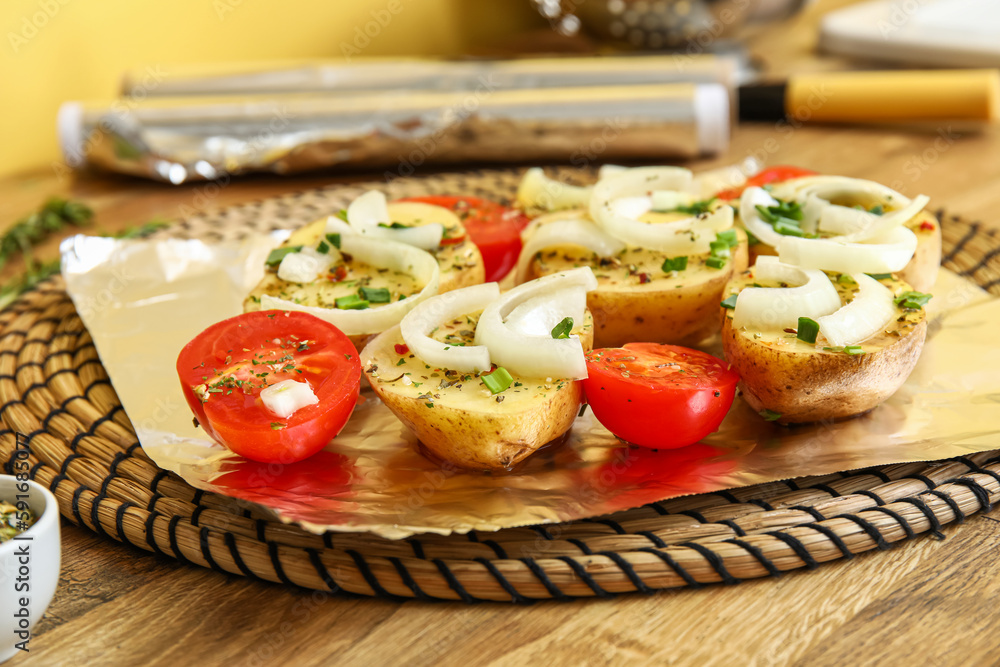 Sheet of aluminium foil with raw vegetables and spices on wooden table in kitchen, closeup