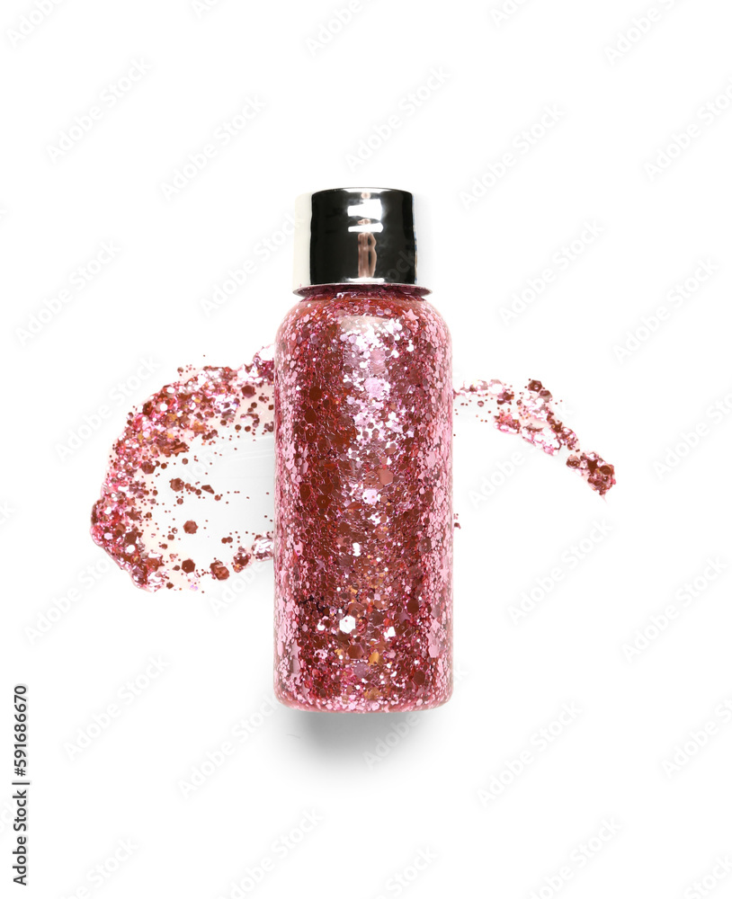 Bottle of pink glitter with stroke on white background