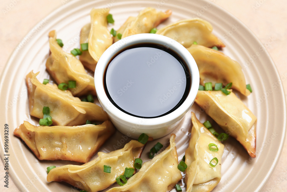 Plate with tasty Chinese jiaozi, green onion and sauce on beige background