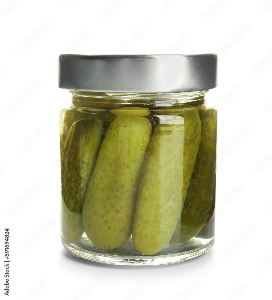 Jar with tasty fermented cucumbers on white background