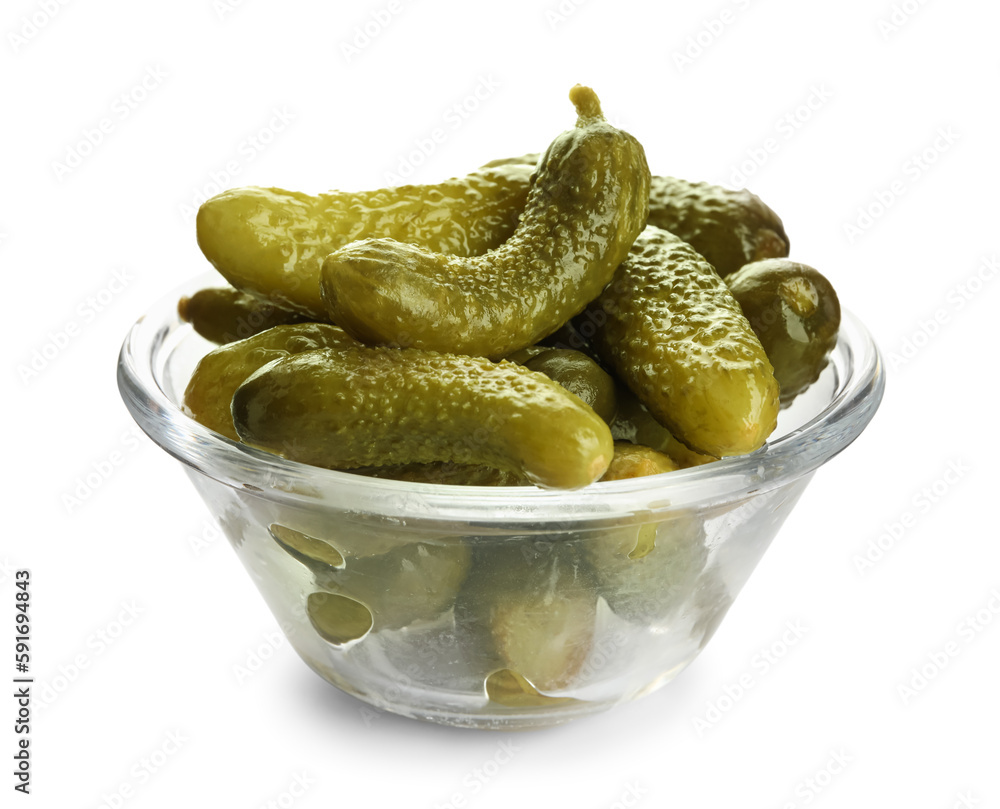 Bowl with tasty fermented cucumbers on white background