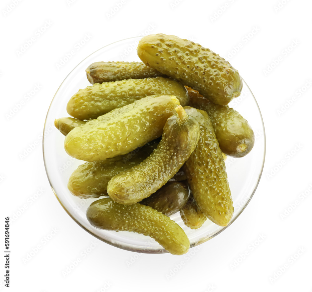 Bowl with tasty fermented cucumbers on white background